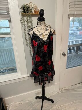 Secret Treasures Black Slip Dress with Red Rose Appliqué